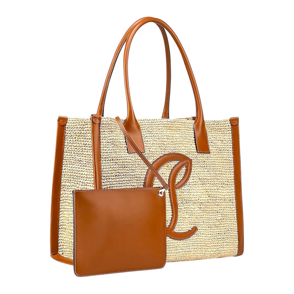 NWT Christian Louboutin Natural Raffia Tote Bag With Brown Leather Pouch & Trim